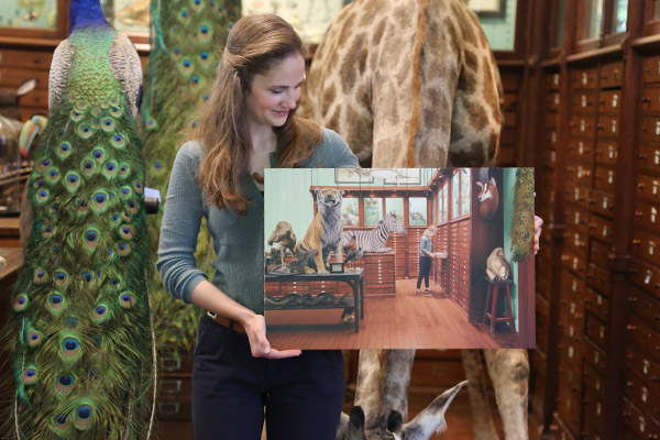 The artist's model holding Max Ferguson's painting "Deyrolle"